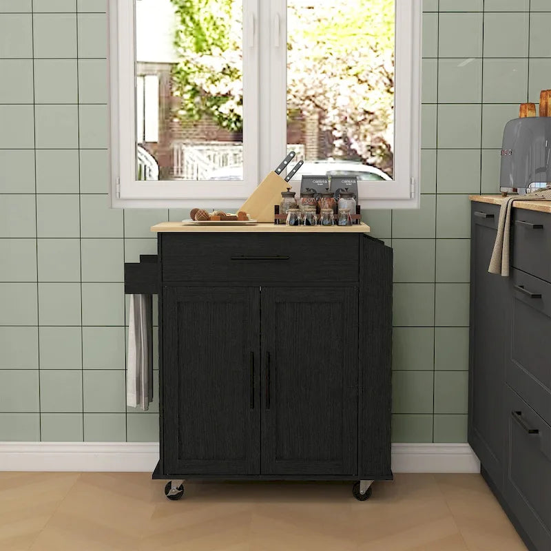 Black Rolling Kitchen Island Cart with Storage Drawer Cabinet and Wheels