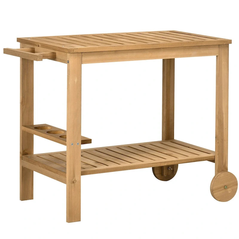 Natural Wood Outdoor Rolling Bar Serving Cart Two-Tier Shelves