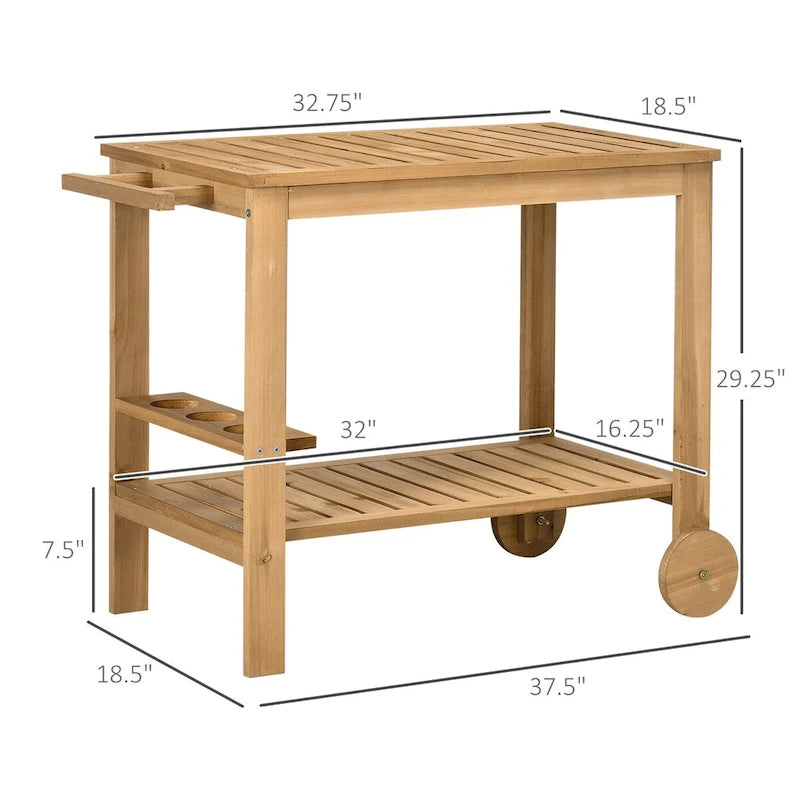 Natural Wood Outdoor Rolling Bar Serving Cart Two-Tier Shelves