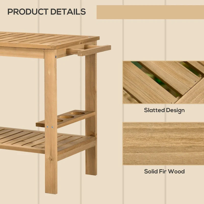 Natural Wood Outdoor Rolling Bar Serving Cart Two-Tier Shelves
