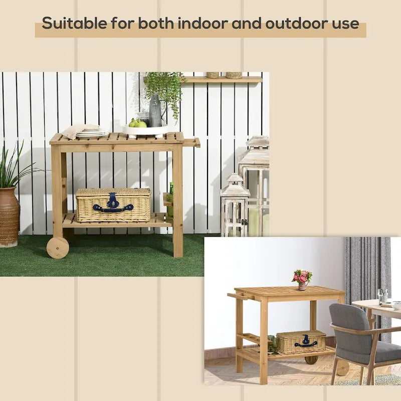 Natural Wood Outdoor Rolling Bar Serving Cart Two-Tier Shelves