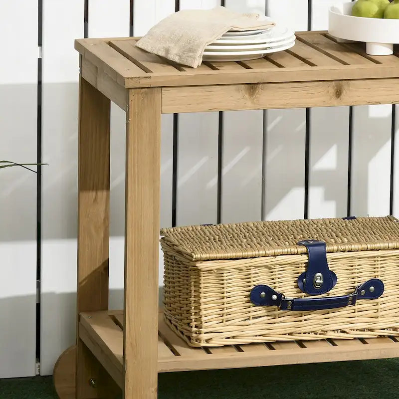 Natural Wood Outdoor Rolling Bar Serving Cart Two-Tier Shelves