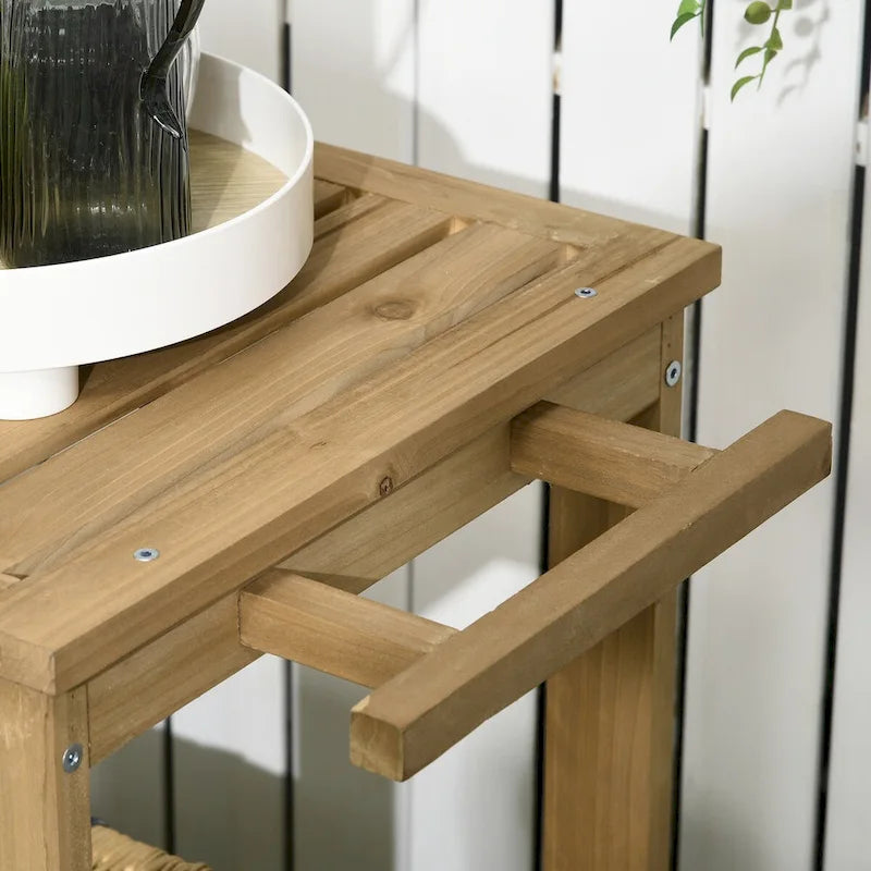 Natural Wood Outdoor Rolling Bar Serving Cart Two-Tier Shelves