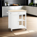White Rolling Kitchen Cart with Natural Wood Top and Storage