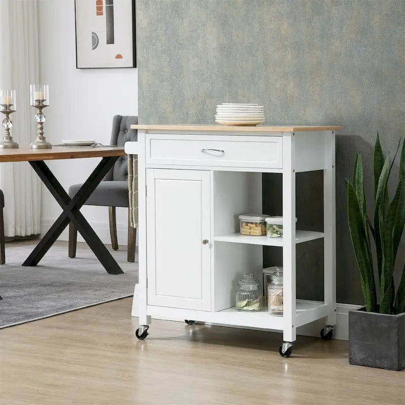 White Rolling Kitchen Cart with Natural Wood Top and Storage