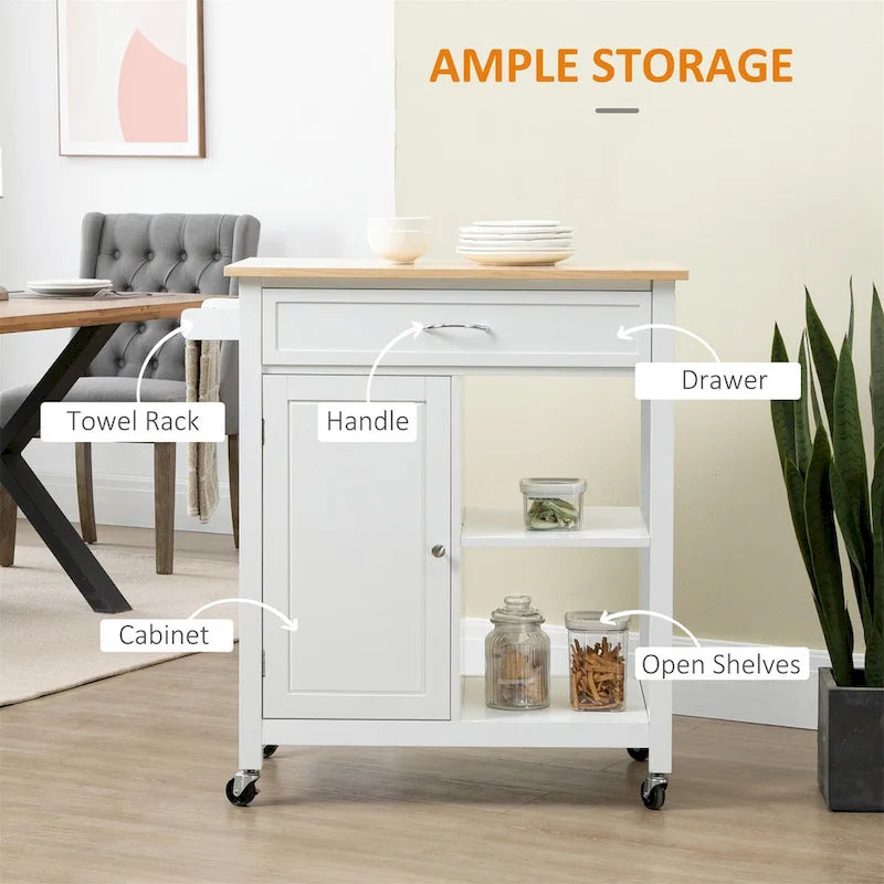 White Rolling Kitchen Cart with Natural Wood Top and Storage