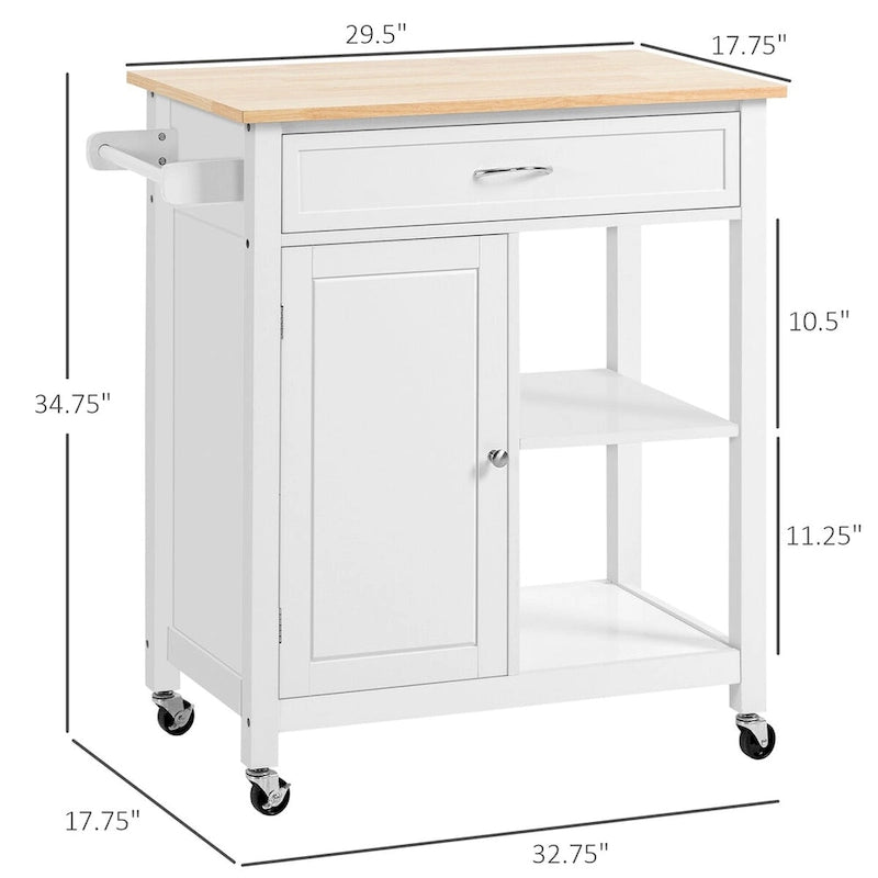 White Rolling Kitchen Cart with Natural Wood Top and Storage