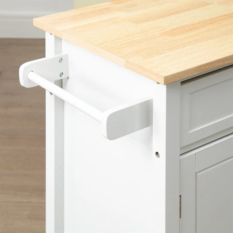 White Rolling Kitchen Cart with Natural Wood Top and Storage