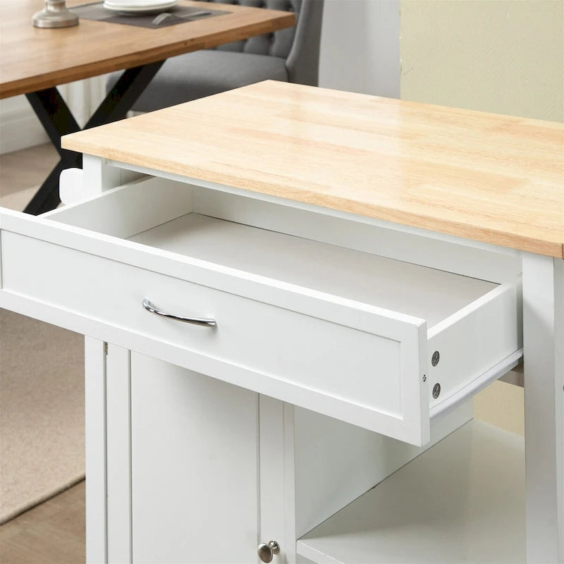 White Rolling Kitchen Cart with Natural Wood Top and Storage