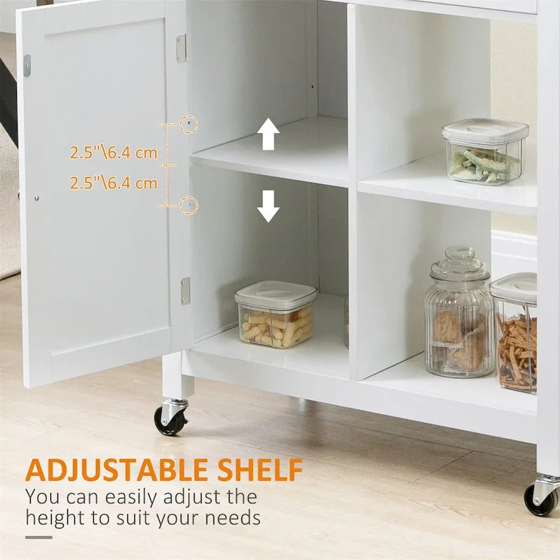 White Rolling Kitchen Cart with Natural Wood Top and Storage