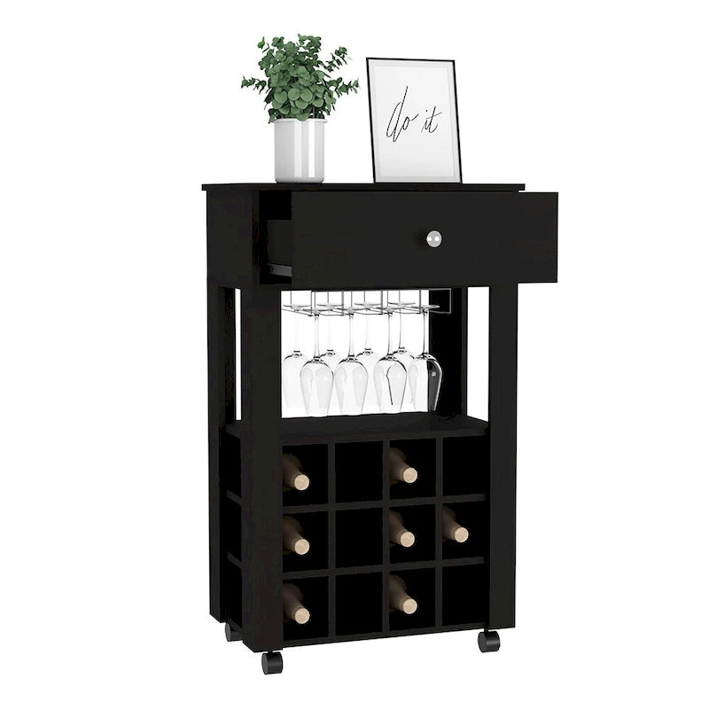 Black Wood Bar Cart with Wine Rack, Drawer and Glass Holder