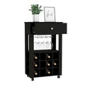 Black Wood Bar Cart with Wine Rack, Drawer and Glass Holder