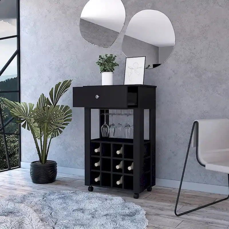 Black Wood Bar Cart with Wine Rack, Drawer and Glass Holder