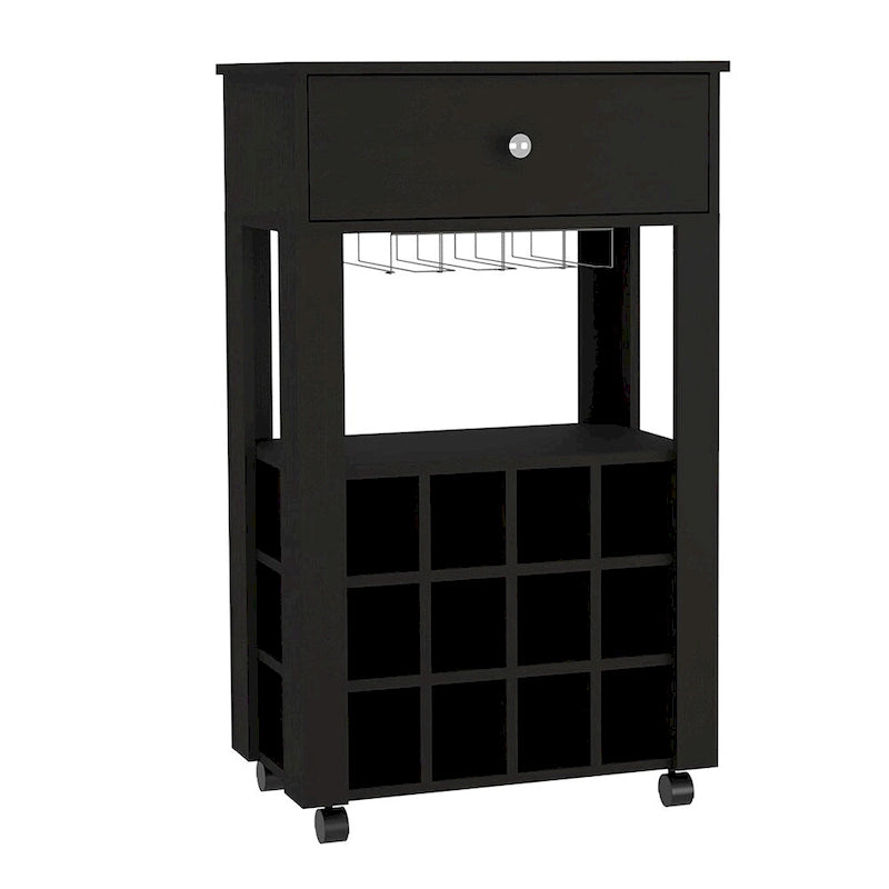 Black Wood Bar Cart with Wine Rack, Drawer and Glass Holder