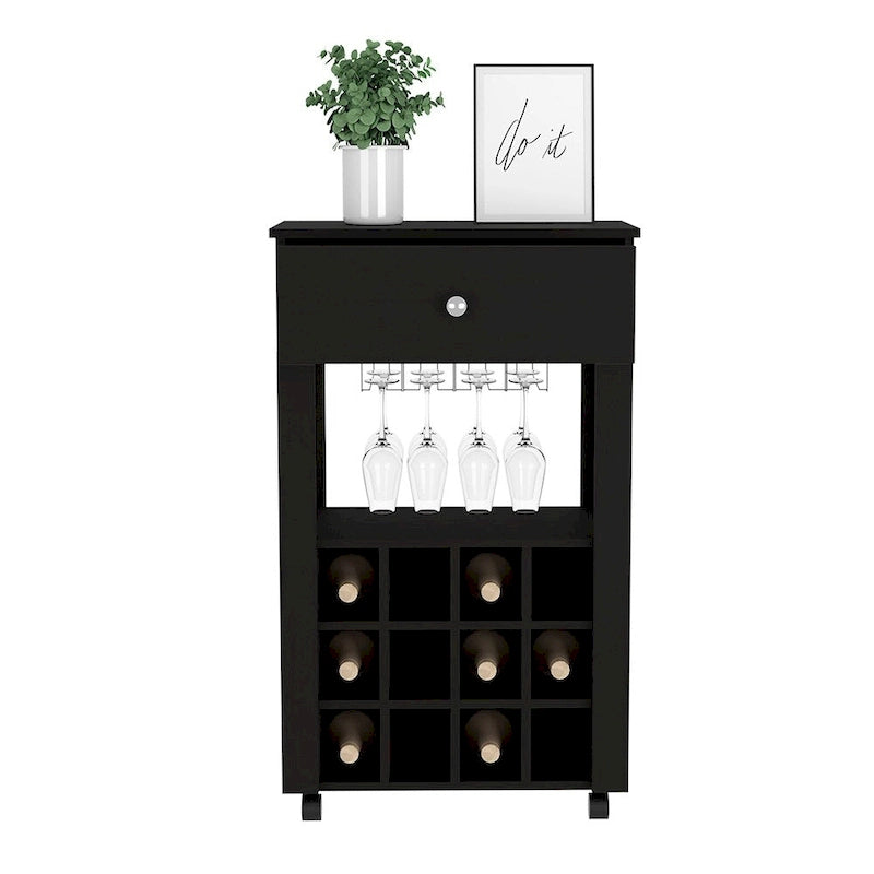 Black Wood Bar Cart with Wine Rack, Drawer and Glass Holder