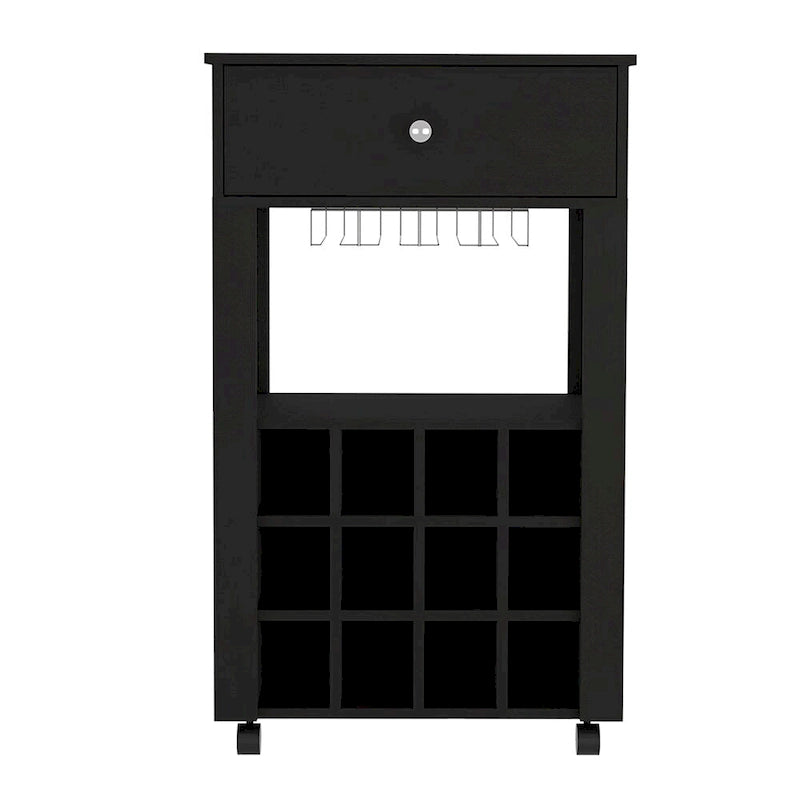 Black Wood Bar Cart with Wine Rack, Drawer and Glass Holder