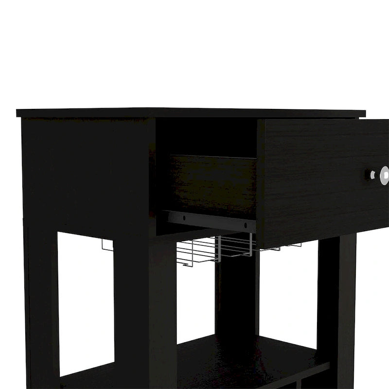 Black Wood Bar Cart with Wine Rack, Drawer and Glass Holder