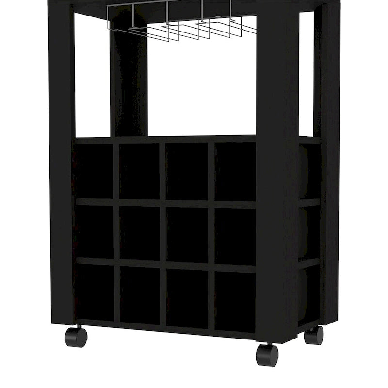 Black Wood Bar Cart with Wine Rack, Drawer and Glass Holder