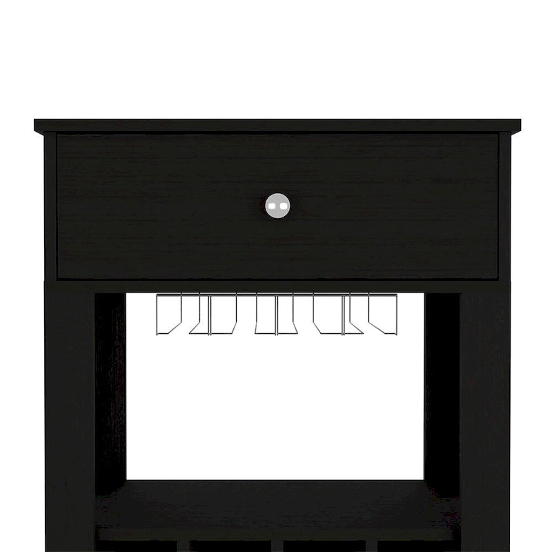 Black Wood Bar Cart with Wine Rack, Drawer and Glass Holder