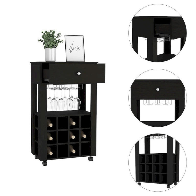 Black Wood Bar Cart with Wine Rack, Drawer and Glass Holder