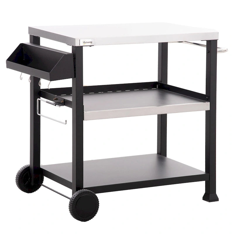 Black Stainless Steel Outdoor BBQ Grill Cart with Storage Shelves and Hooks