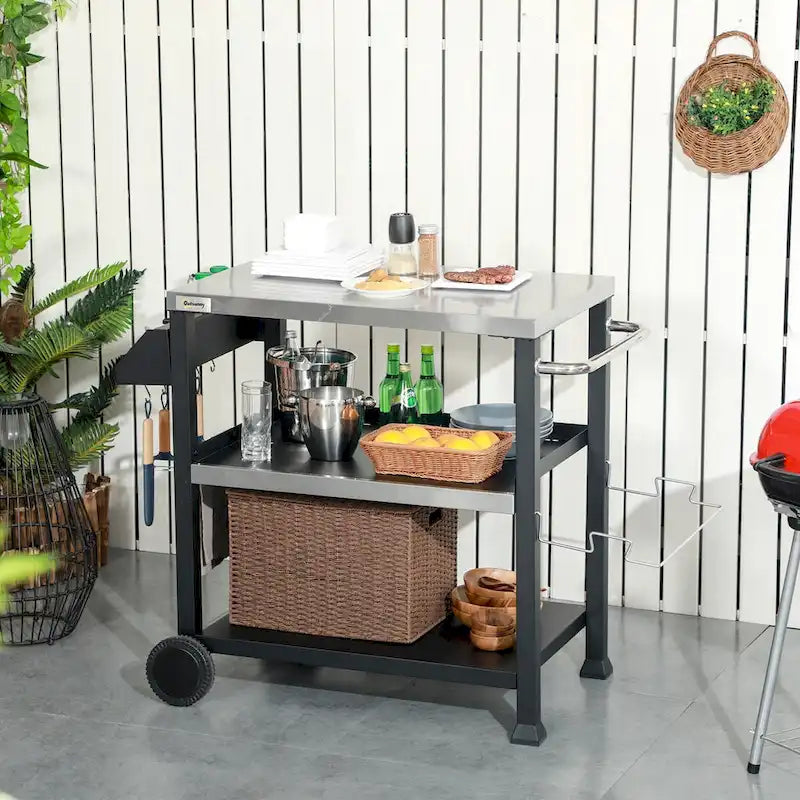 Black Stainless Steel Outdoor BBQ Grill Cart with Storage Shelves and Hooks