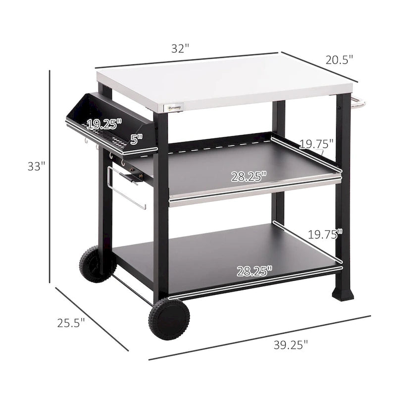 Black Stainless Steel Outdoor BBQ Grill Cart with Storage Shelves and Hooks