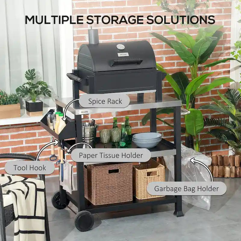Black Stainless Steel Outdoor BBQ Grill Cart with Storage Shelves and Hooks