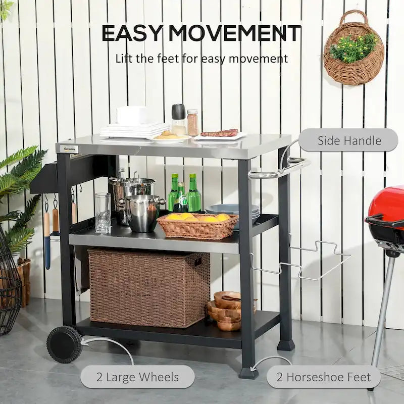Black Stainless Steel Outdoor BBQ Grill Cart with Storage Shelves and Hooks
