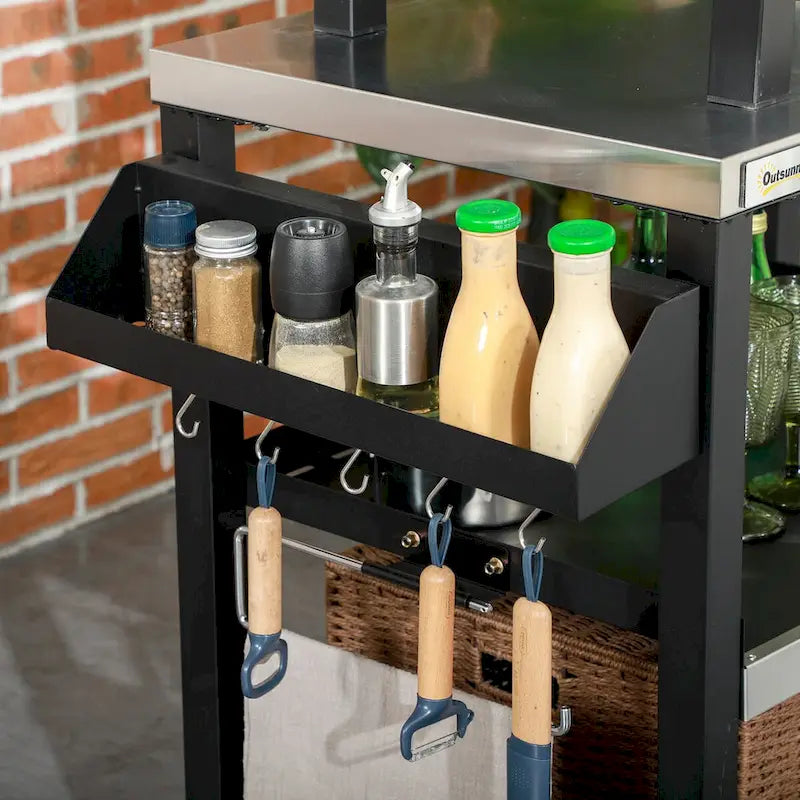 Black Stainless Steel Outdoor BBQ Grill Cart with Storage Shelves and Hooks