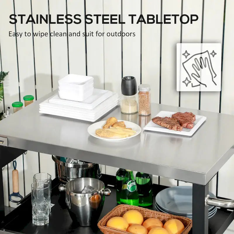 Black Stainless Steel Outdoor BBQ Grill Cart with Storage Shelves and Hooks