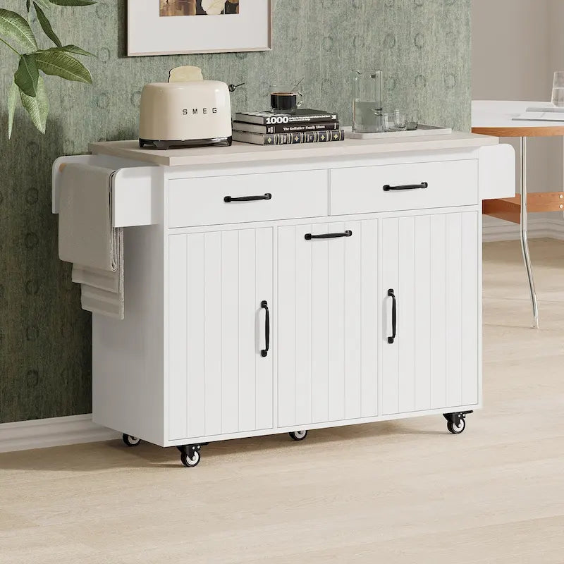 Rolling Kitchen Island Cart with Drop Leaf Tilt-out Trash Cabinet