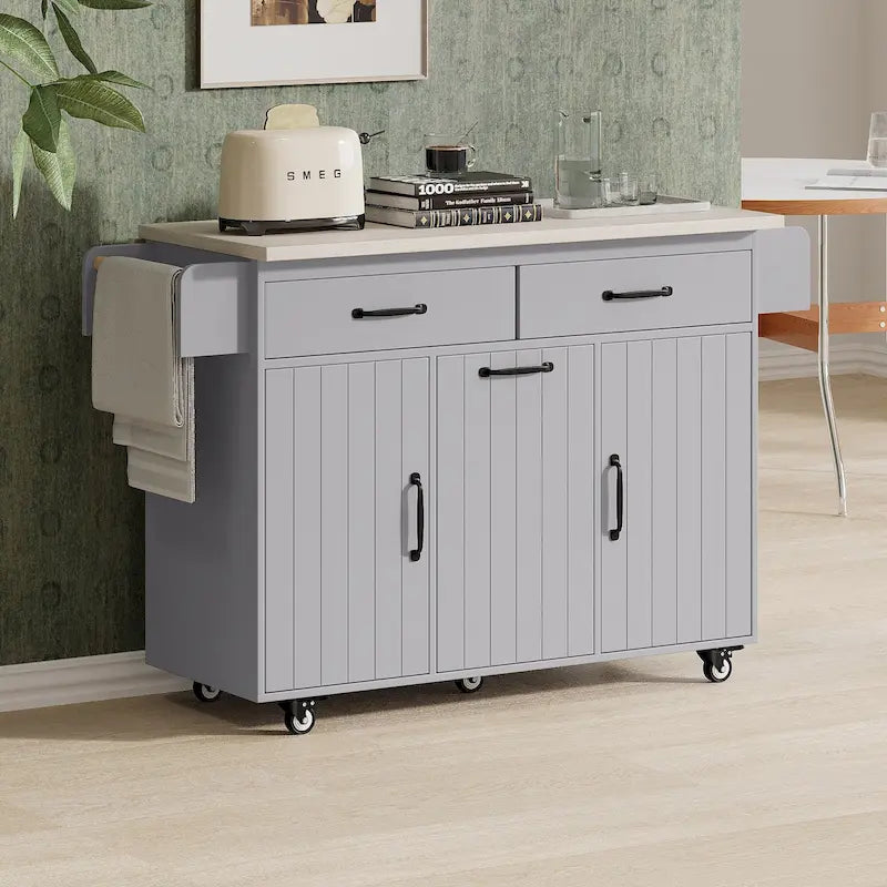 Rolling Kitchen Island Cart with Drop Leaf Tilt-out Trash Cabinet