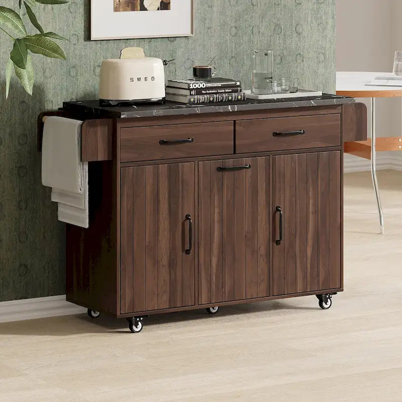 Rolling Kitchen Island Cart with Drop Leaf Tilt-out Trash Cabinet