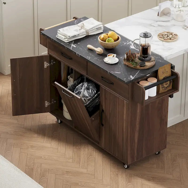 Rolling Kitchen Island Cart with Drop Leaf Tilt-out Trash Cabinet