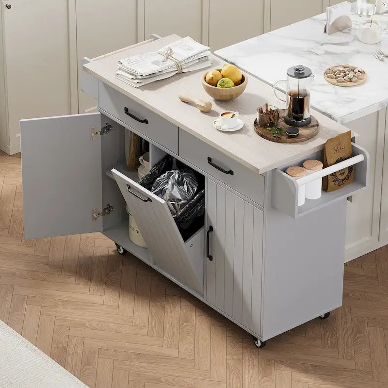 Rolling Kitchen Island Cart with Drop Leaf Tilt-out Trash Cabinet