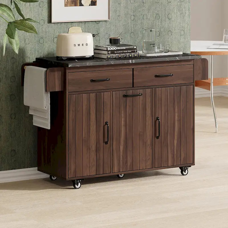 Rolling Kitchen Island Cart with Drop Leaf Tilt-out Trash Cabinet
