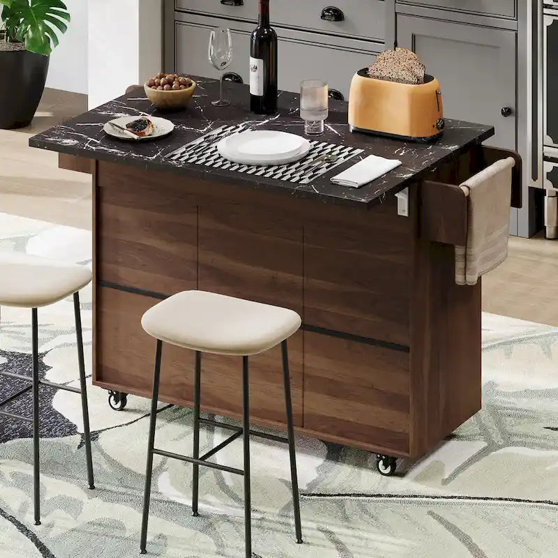 Rolling Kitchen Island Cart with Drop Leaf Tilt-out Trash Cabinet