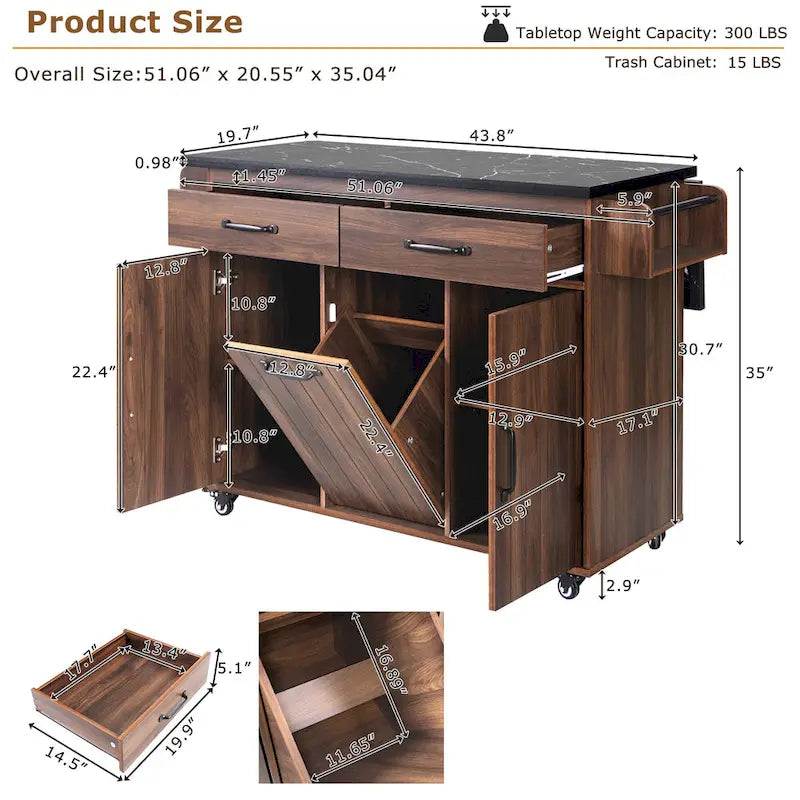 Rolling Kitchen Island Cart with Drop Leaf Tilt-out Trash Cabinet