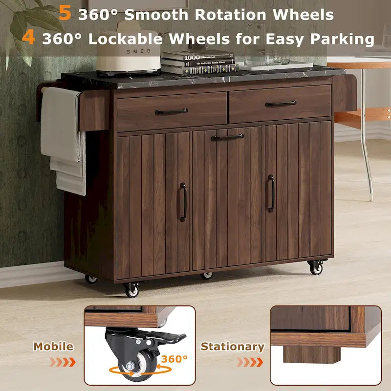 Rolling Kitchen Island Cart with Drop Leaf Tilt-out Trash Cabinet