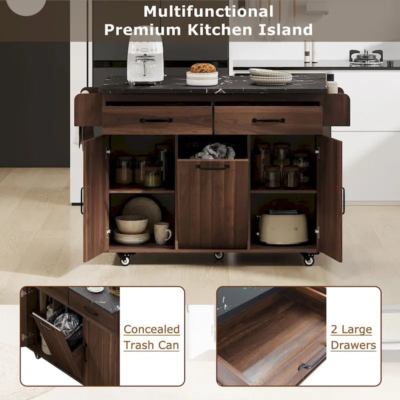 Rolling Kitchen Island Cart with Drop Leaf Tilt-out Trash Cabinet