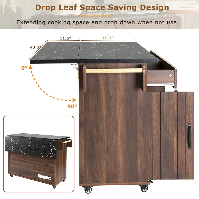 Rolling Kitchen Island Cart with Drop Leaf Tilt-out Trash Cabinet