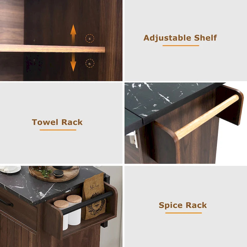 Rolling Kitchen Island Cart with Drop Leaf Tilt-out Trash Cabinet