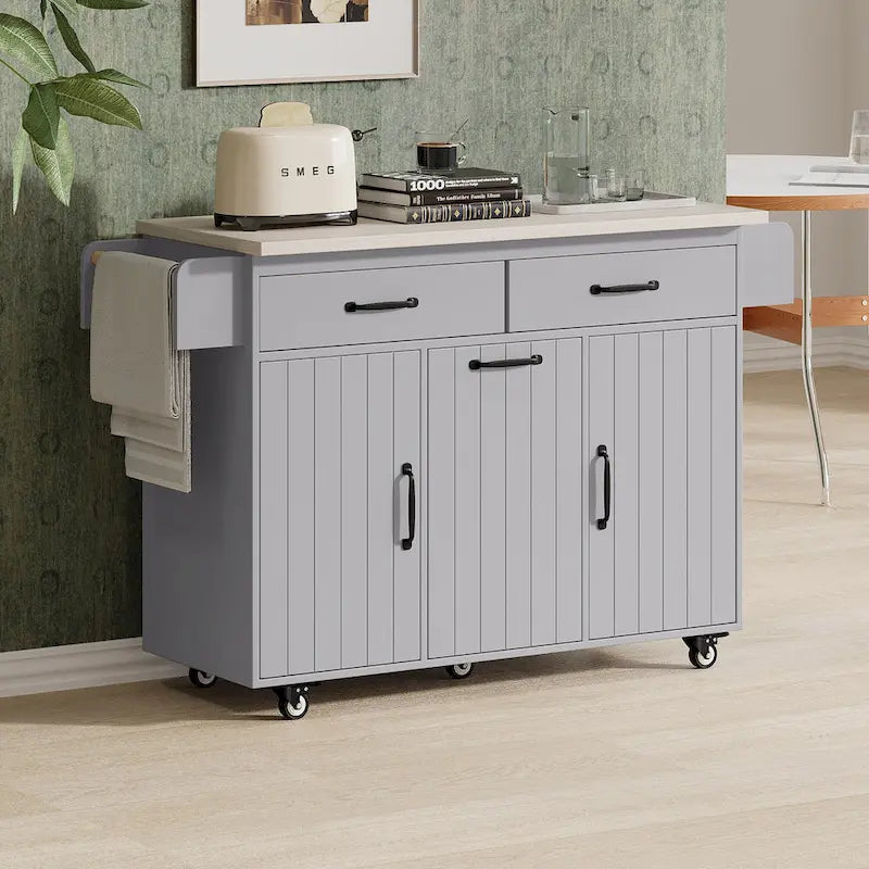 Rolling Kitchen Island Cart with Drop Leaf Tilt-out Trash Cabinet