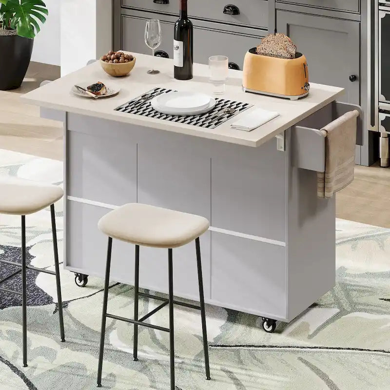 Rolling Kitchen Island Cart with Drop Leaf Tilt-out Trash Cabinet