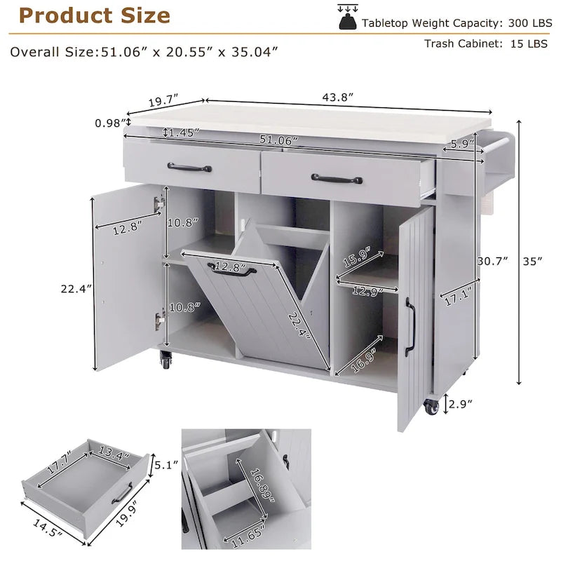 Rolling Kitchen Island Cart with Drop Leaf Tilt-out Trash Cabinet