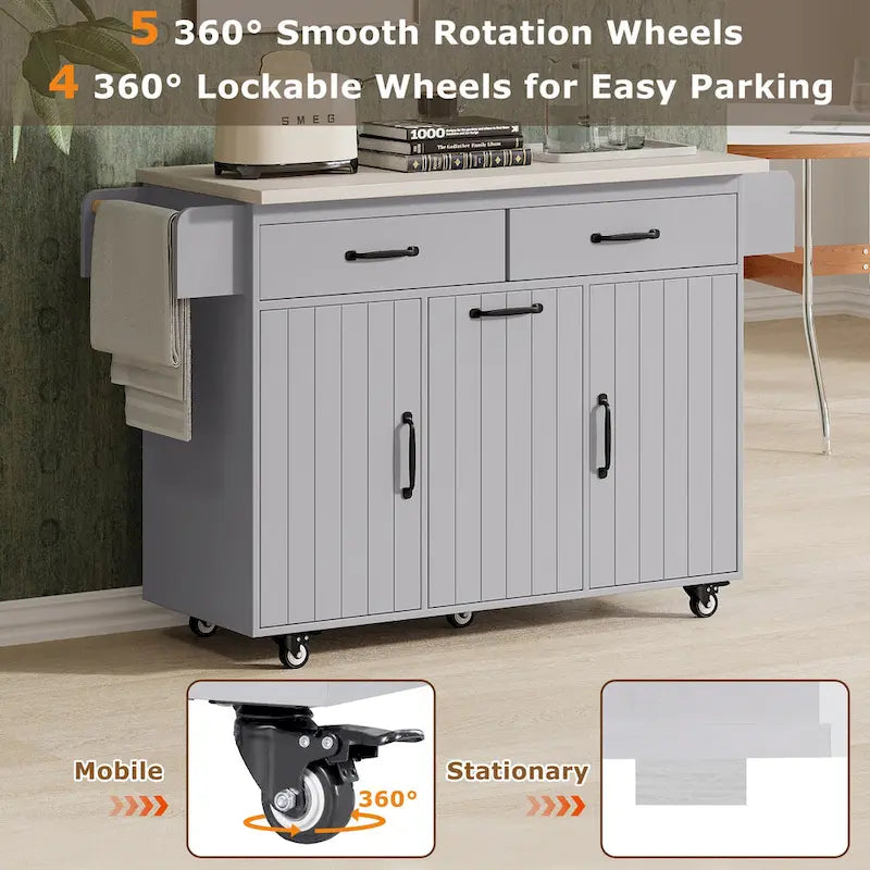 Rolling Kitchen Island Cart with Drop Leaf Tilt-out Trash Cabinet