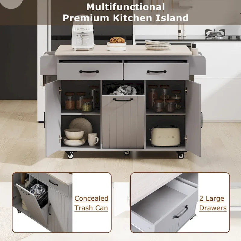 Rolling Kitchen Island Cart with Drop Leaf Tilt-out Trash Cabinet