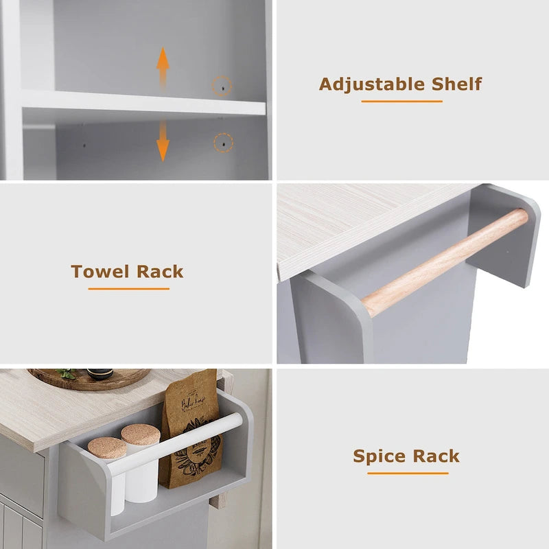 Rolling Kitchen Island Cart with Drop Leaf Tilt-out Trash Cabinet