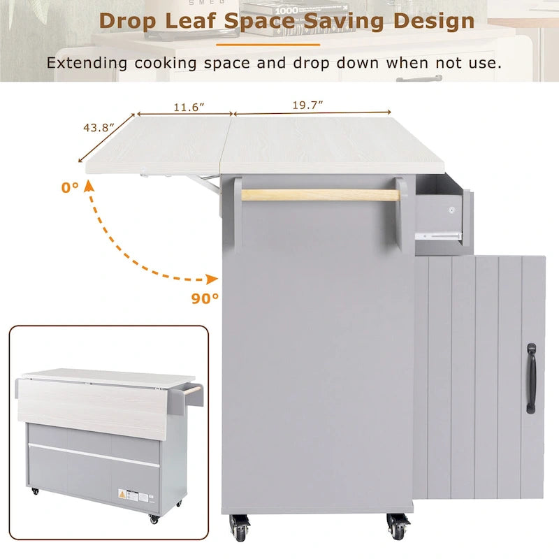 Rolling Kitchen Island Cart with Drop Leaf Tilt-out Trash Cabinet